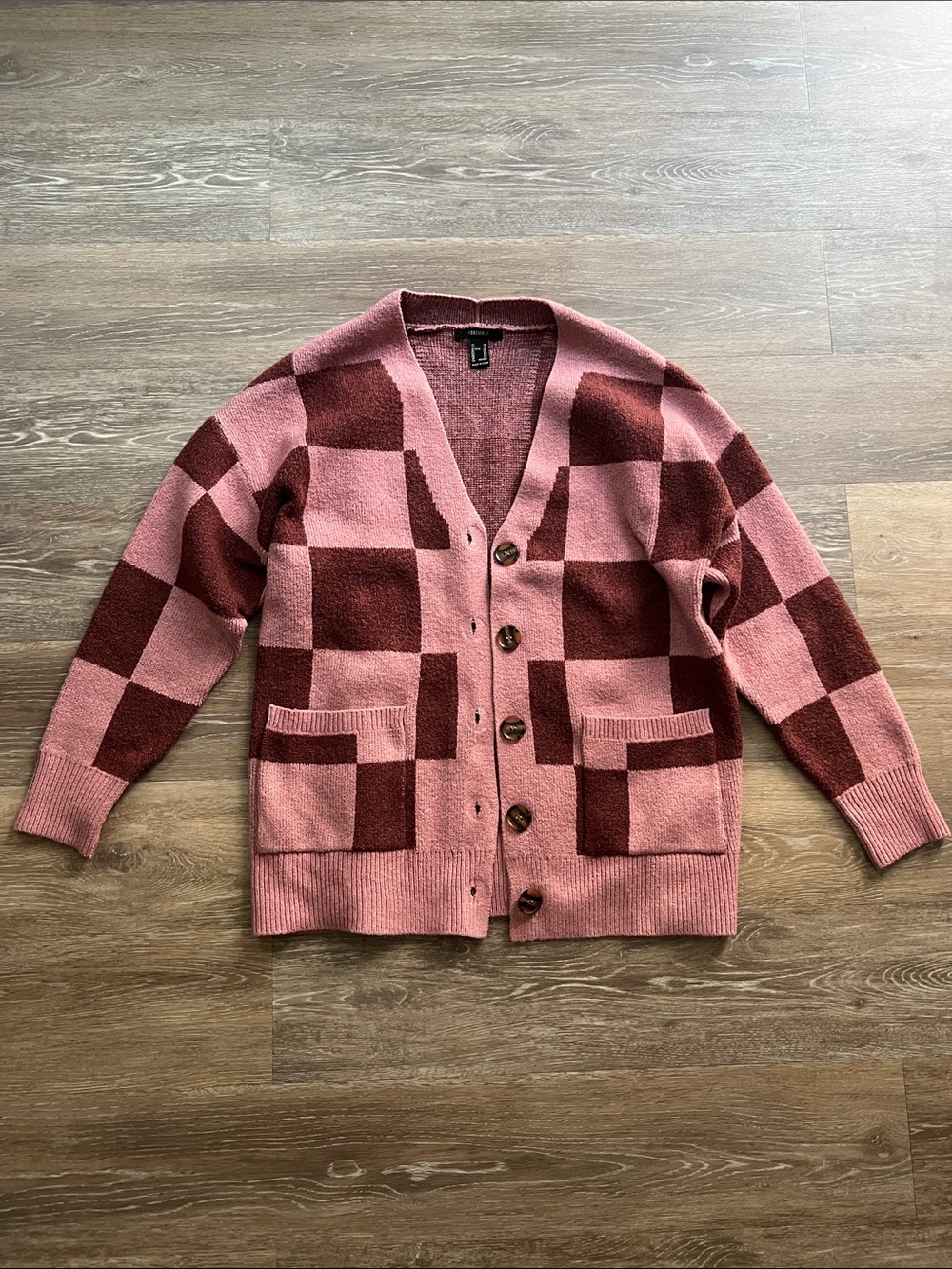 Women’s Checkerboard Button Cardigan Sweater - Rose Pink & Burgundy